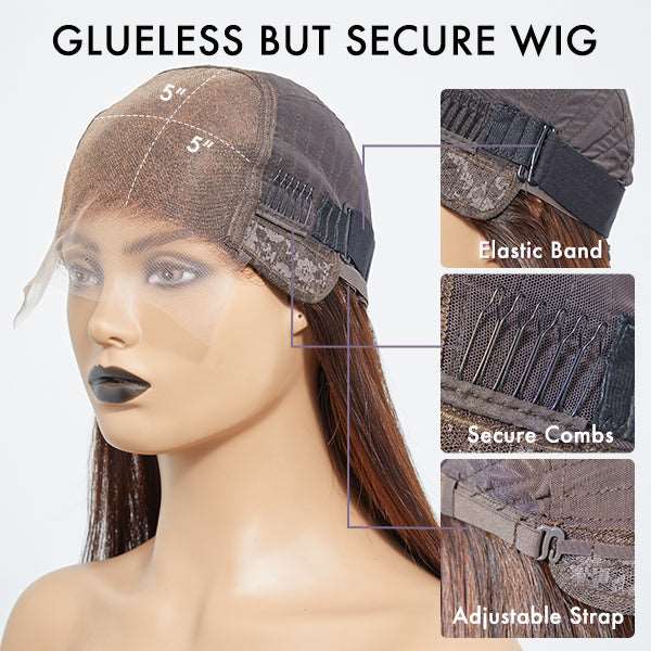 Brown With Blonde Highlight Silky Straight Glueless 5x5 Closure Lace Wig 100% Human Hair