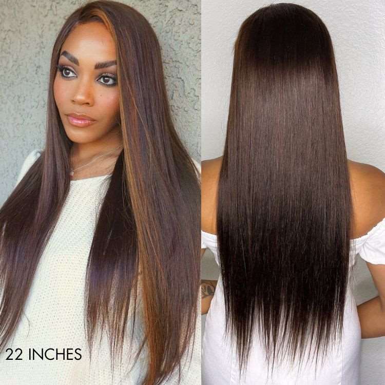 Brown With Blonde Highlight Silky Straight Glueless 5x5 Closure Lace Wig 100% Human Hair