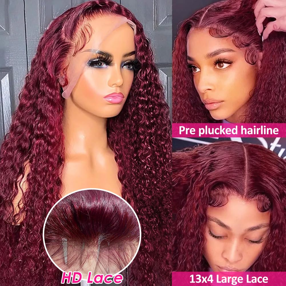 99J Burgundy 13x4 HD Lace Water Wave Curl Human Hair Wig