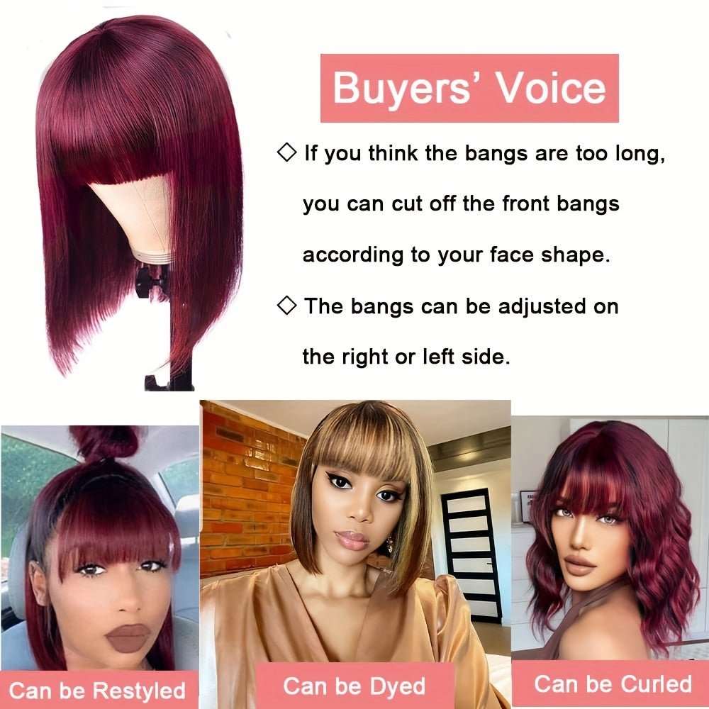 180% Human Hair Wig Burgundy Bob Wig With Bangs 99J Short Straight Bob Wig Machine Made Glueless Bob Wigs For Women - LIBEAUTY HAIR