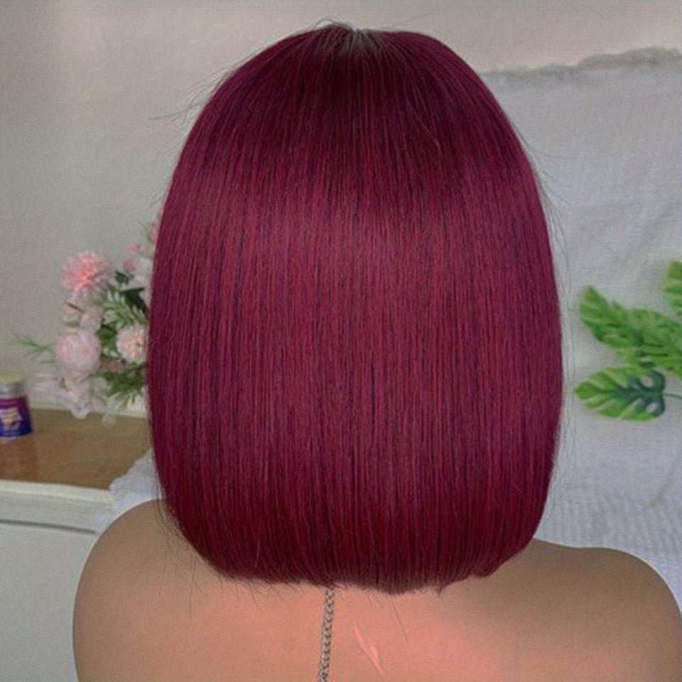 180% Human Hair Wig Burgundy Bob Wig With Bangs 99J Short Straight Bob Wig Machine Made Glueless Bob Wigs For Women - LIBEAUTY HAIR