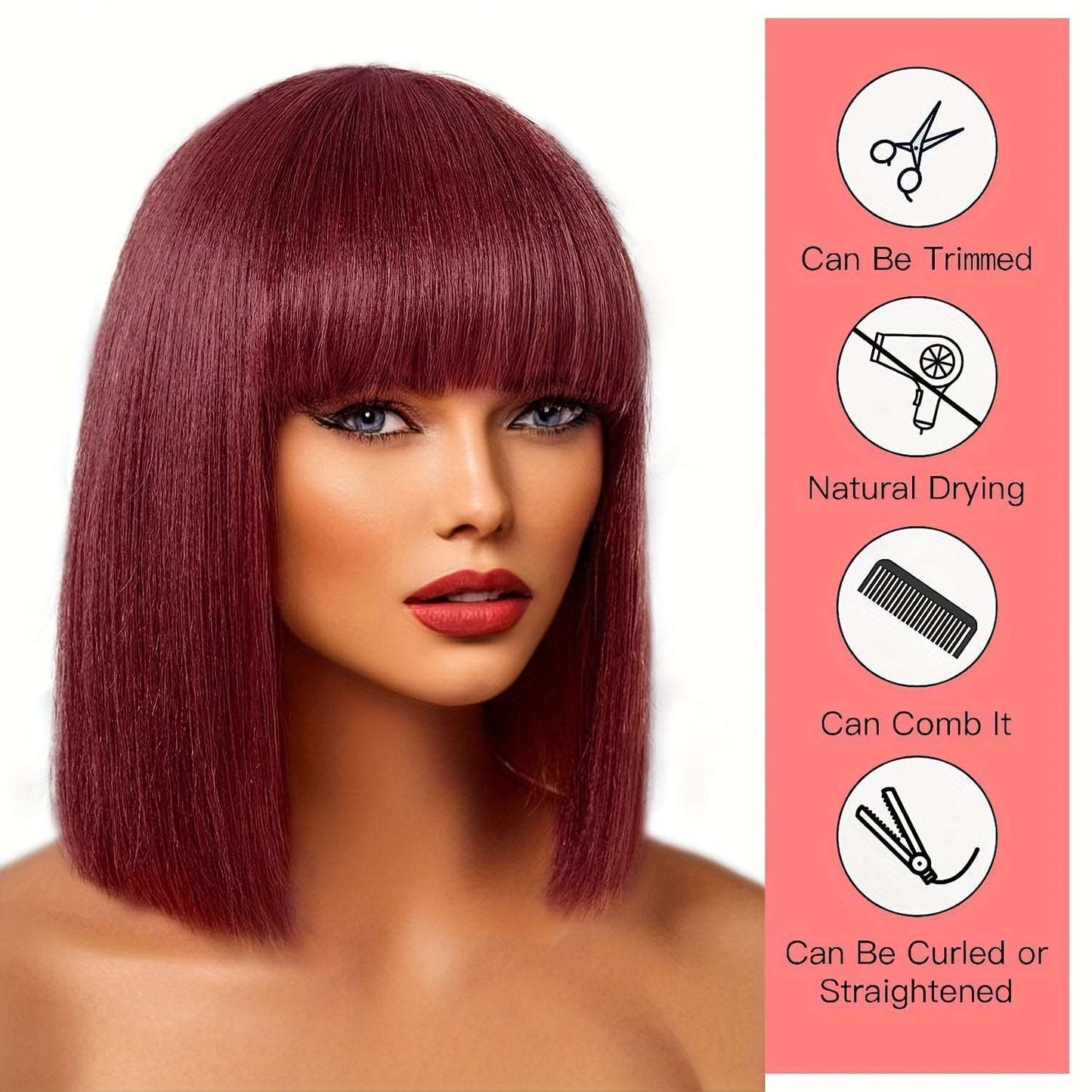 180% Human Hair Wig Burgundy Bob Wig With Bangs 99J Short Straight Bob Wig Machine Made Glueless Bob Wigs For Women - LIBEAUTY HAIR