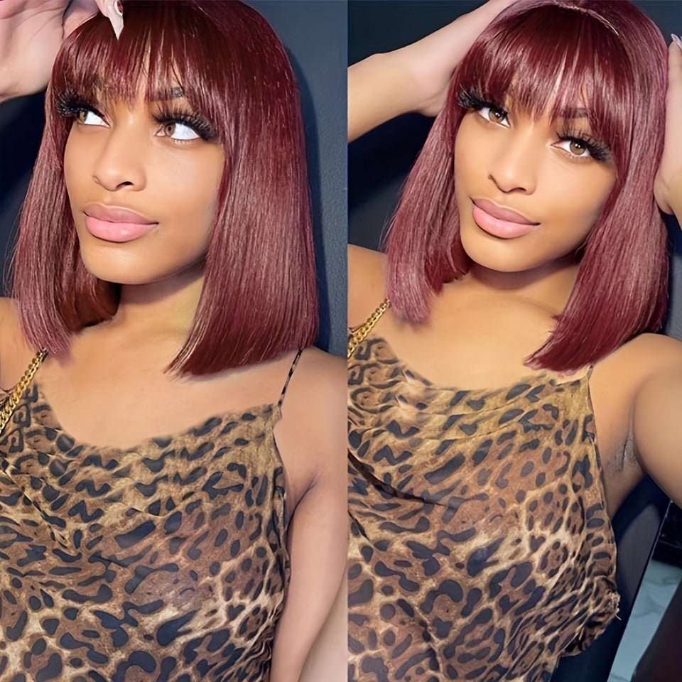 180% Human Hair Wig Burgundy Bob Wig With Bangs 99J Short Straight Bob Wig Machine Made Glueless Bob Wigs For Women - LIBEAUTY HAIR