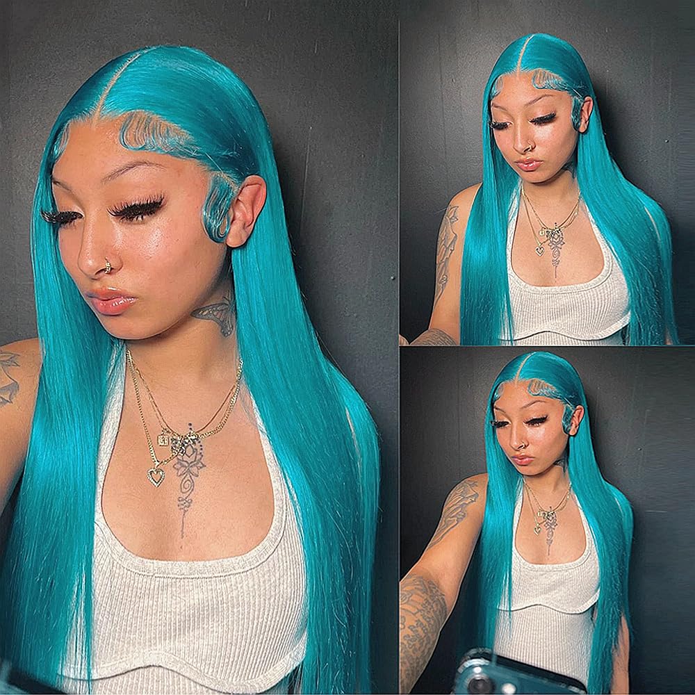 Lake Blue Body Wave Human Hair 13x4 Frontal Wigs Pre Plucked