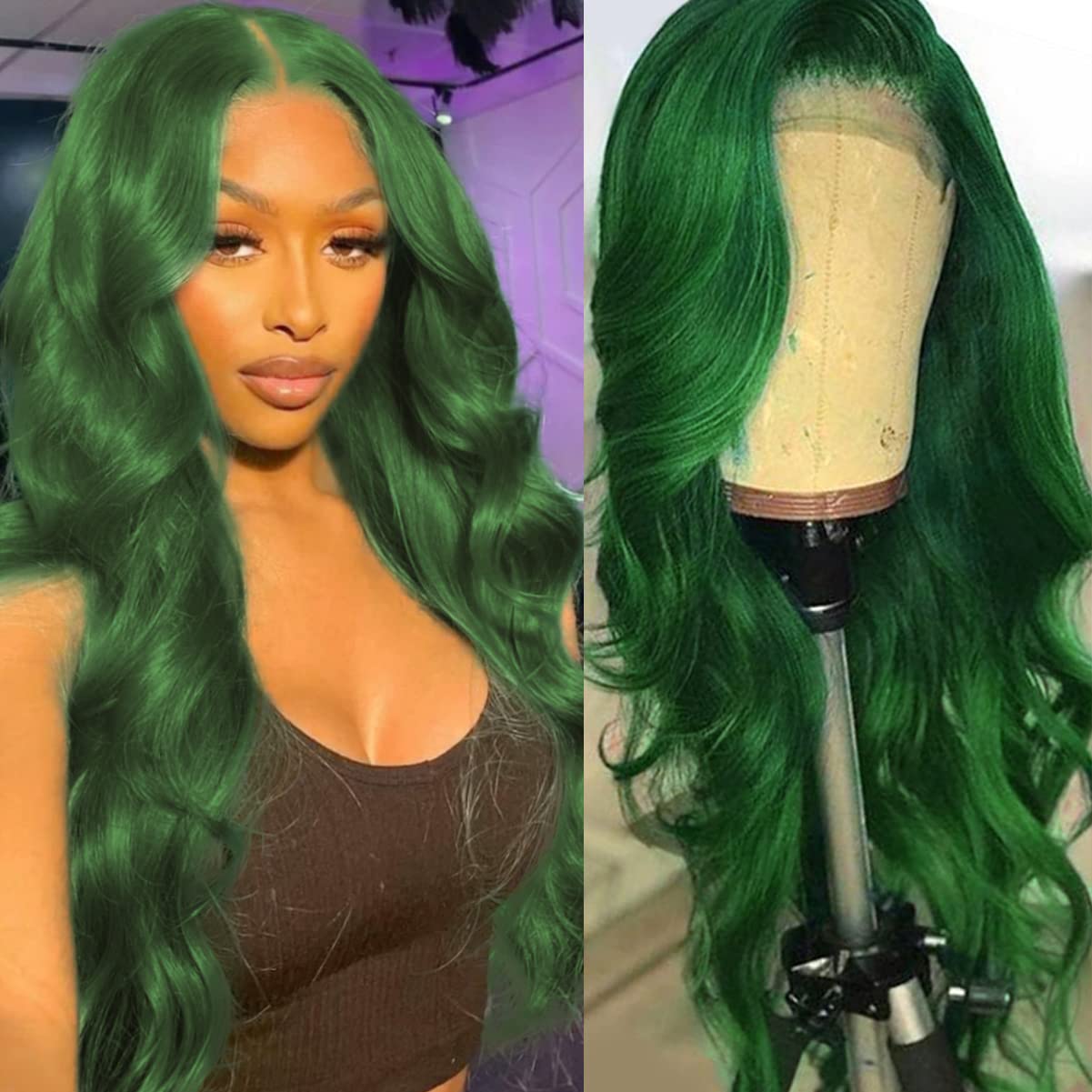 Colorful Bird Body Wave Lace Front Wigs Human Hair Dark Green 13x4 Lace Frontal Wigs