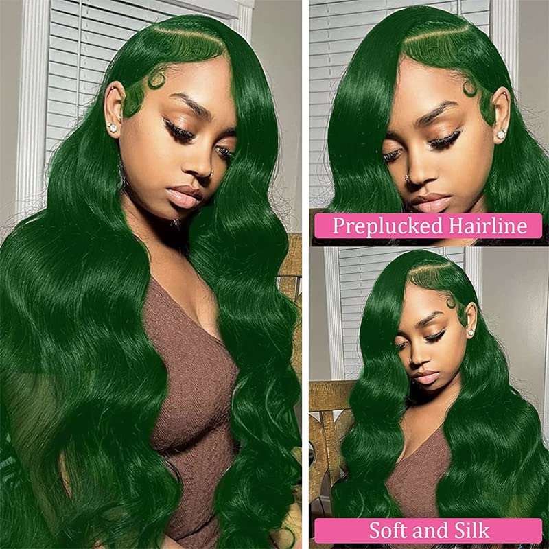 Colorful Bird Body Wave Lace Front Wigs Human Hair Dark Green 13x4 Lace Frontal Wigs