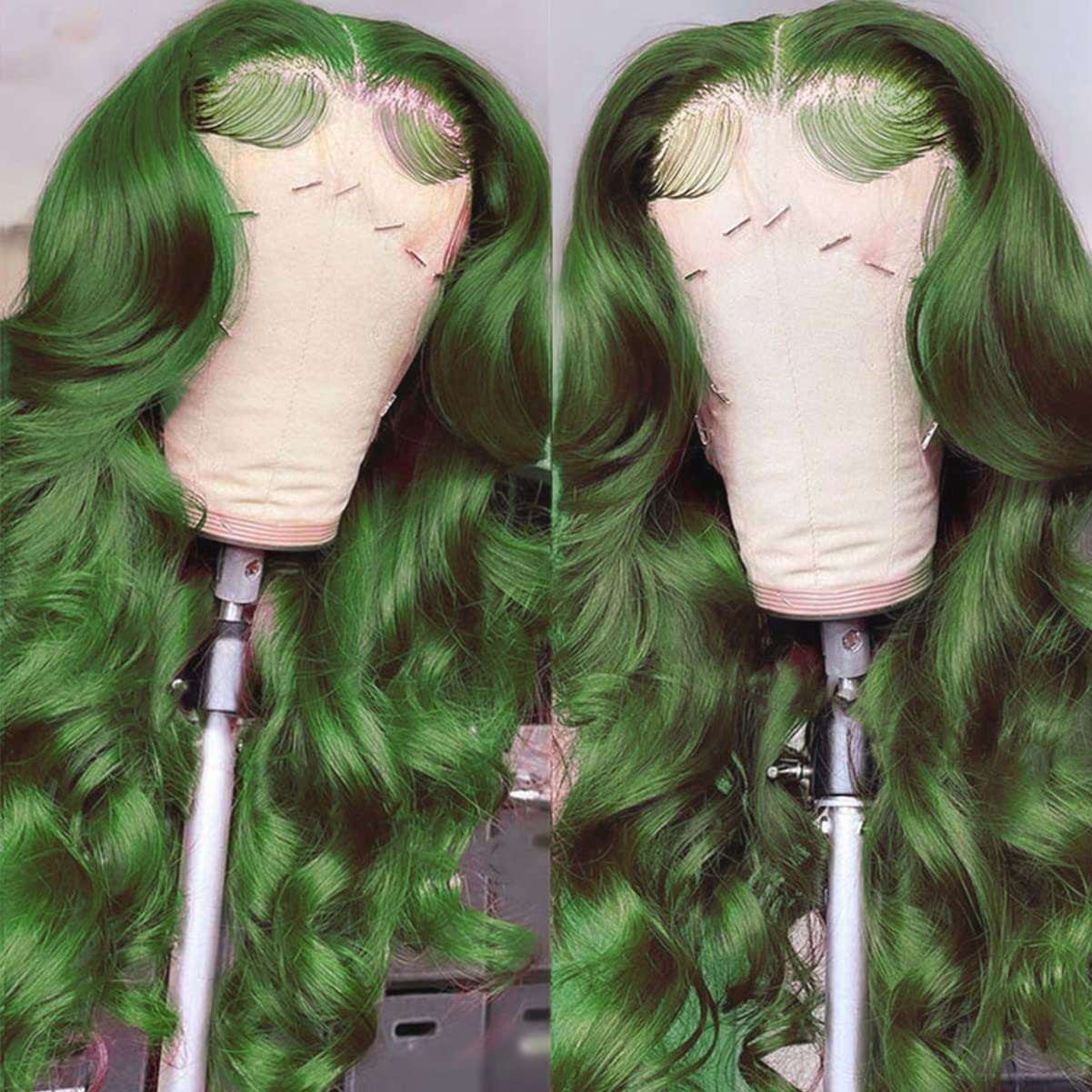 Colorful Bird Body Wave Lace Front Wigs Human Hair Dark Green 13x4 Lace Frontal Wigs