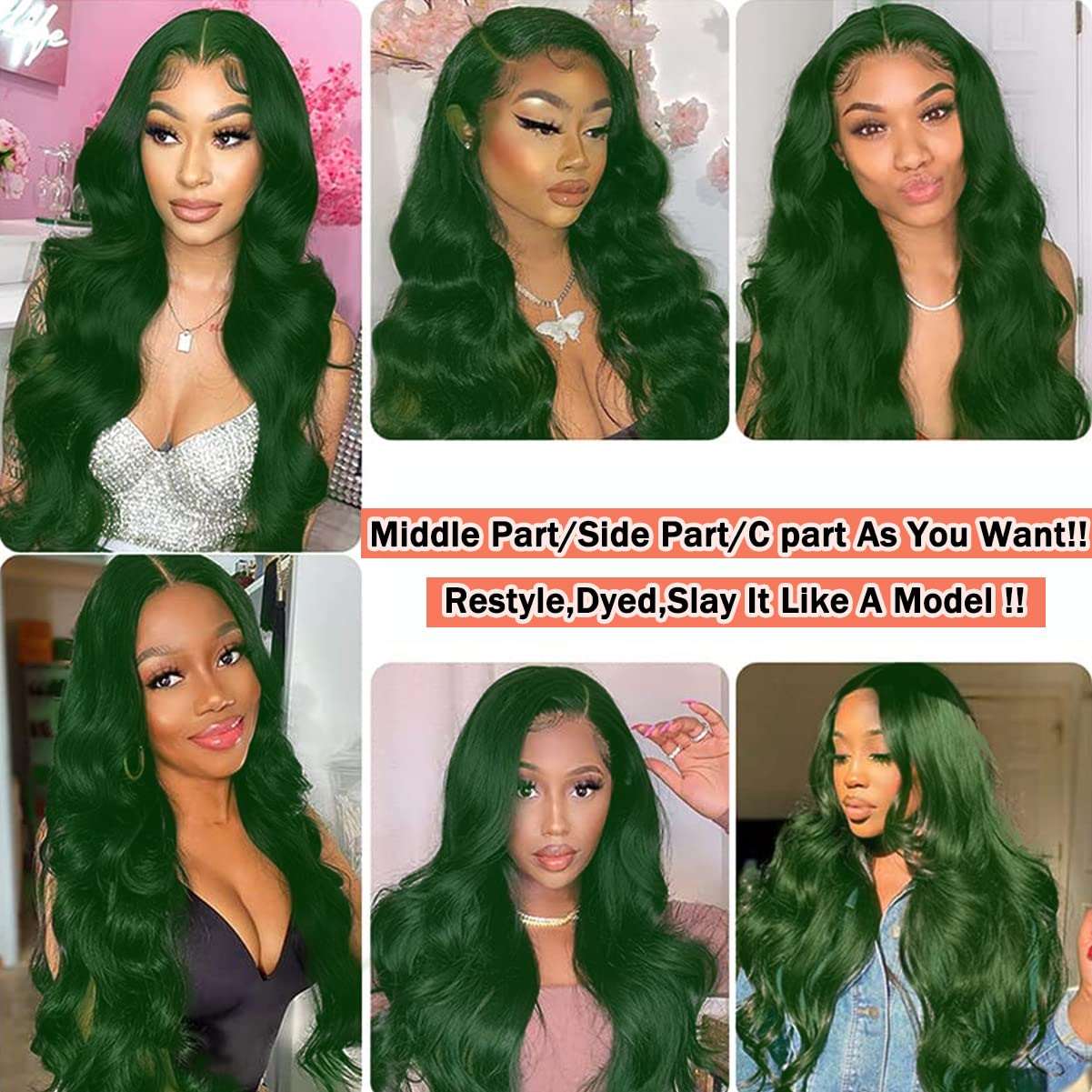 Colorful Bird Body Wave Lace Front Wigs Human Hair Dark Green 13x4 Lace Frontal Wigs