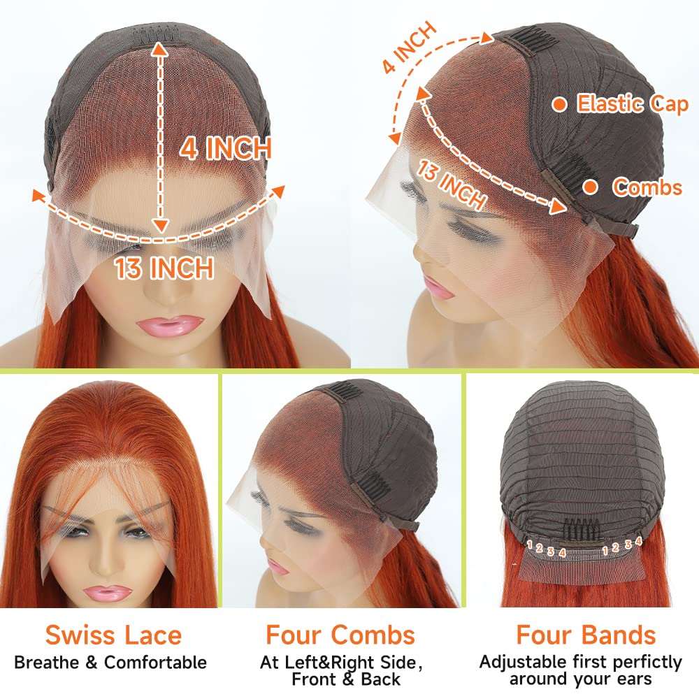 Ginger Orange Lace Front Wigs Human Hair Pre Plucked Straight 13x4 HD Lace Frontal Human Hair