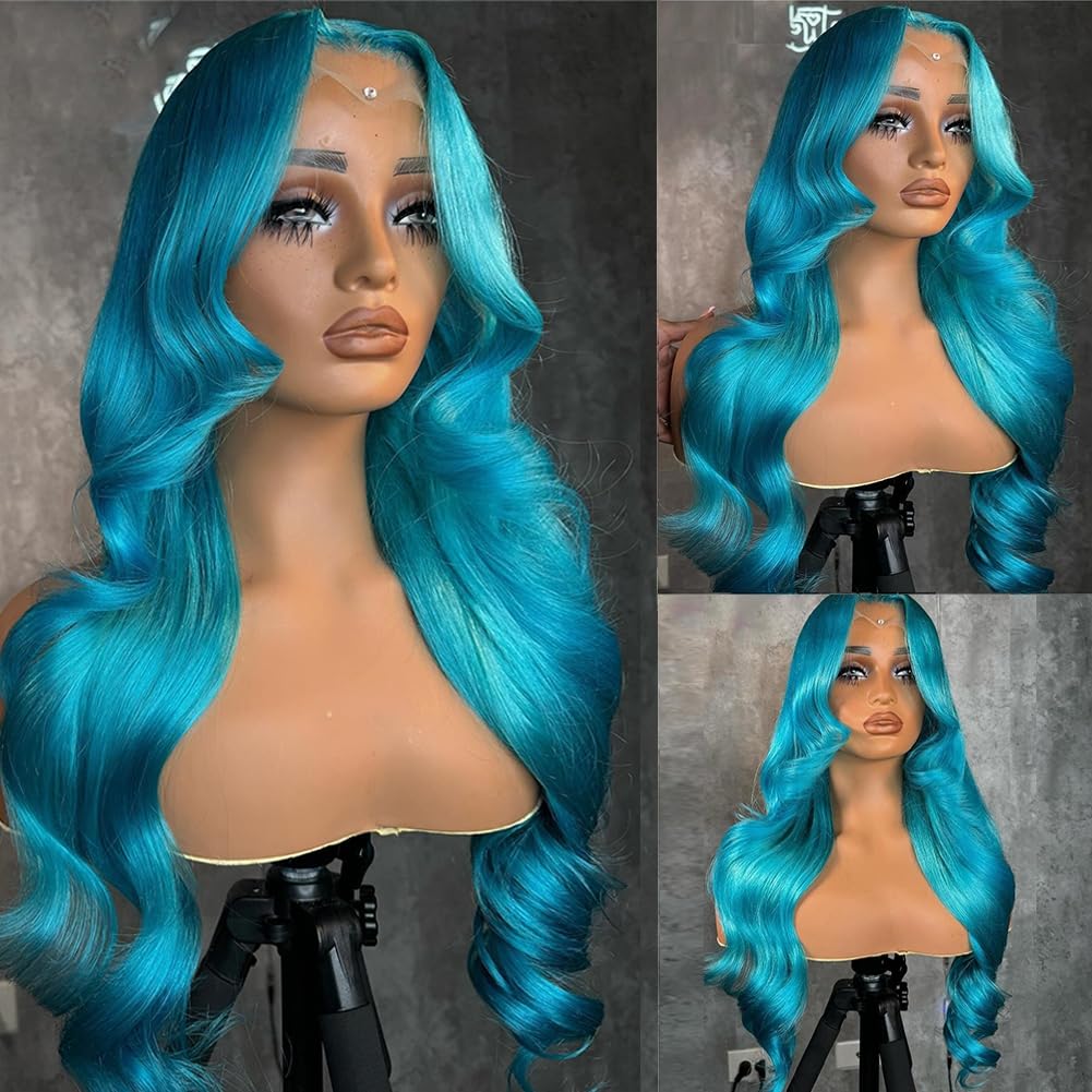 Lake Blue Body Wave Human Hair 13x4 Frontal Wigs Pre Plucked
