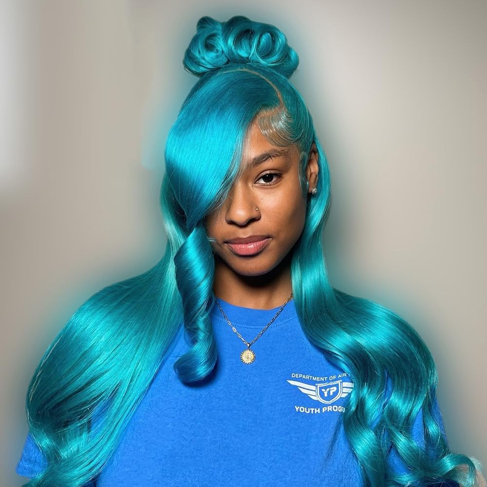 Lake Blue Body Wave Human Hair 13x4 Frontal Wigs Pre Plucked