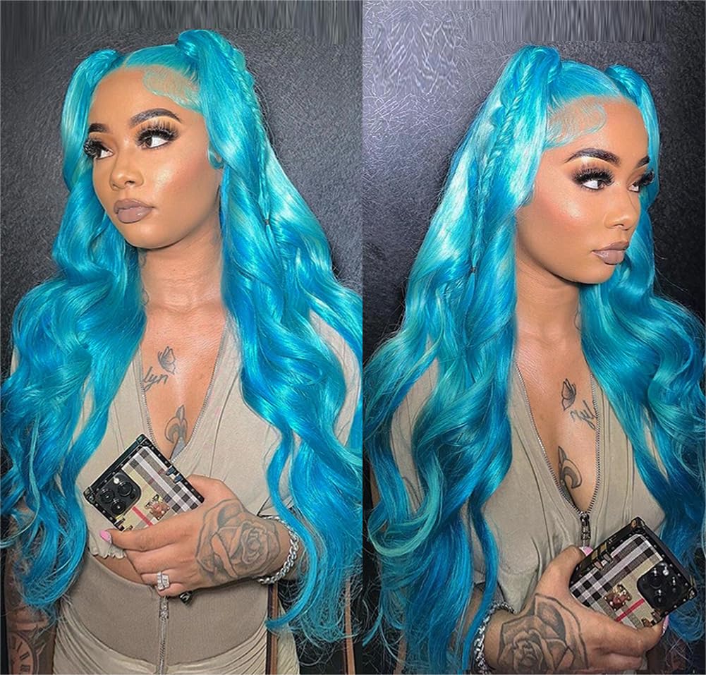 Lake Blue Body Wave Human Hair 13x4 Frontal Wigs Pre Plucked