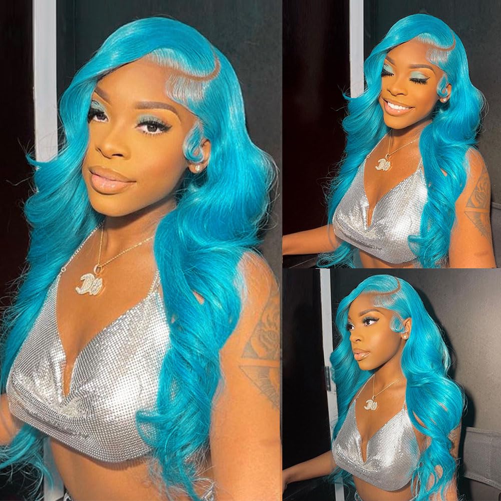 Lake Blue Body Wave Human Hair 13x4 Frontal Wigs Pre Plucked