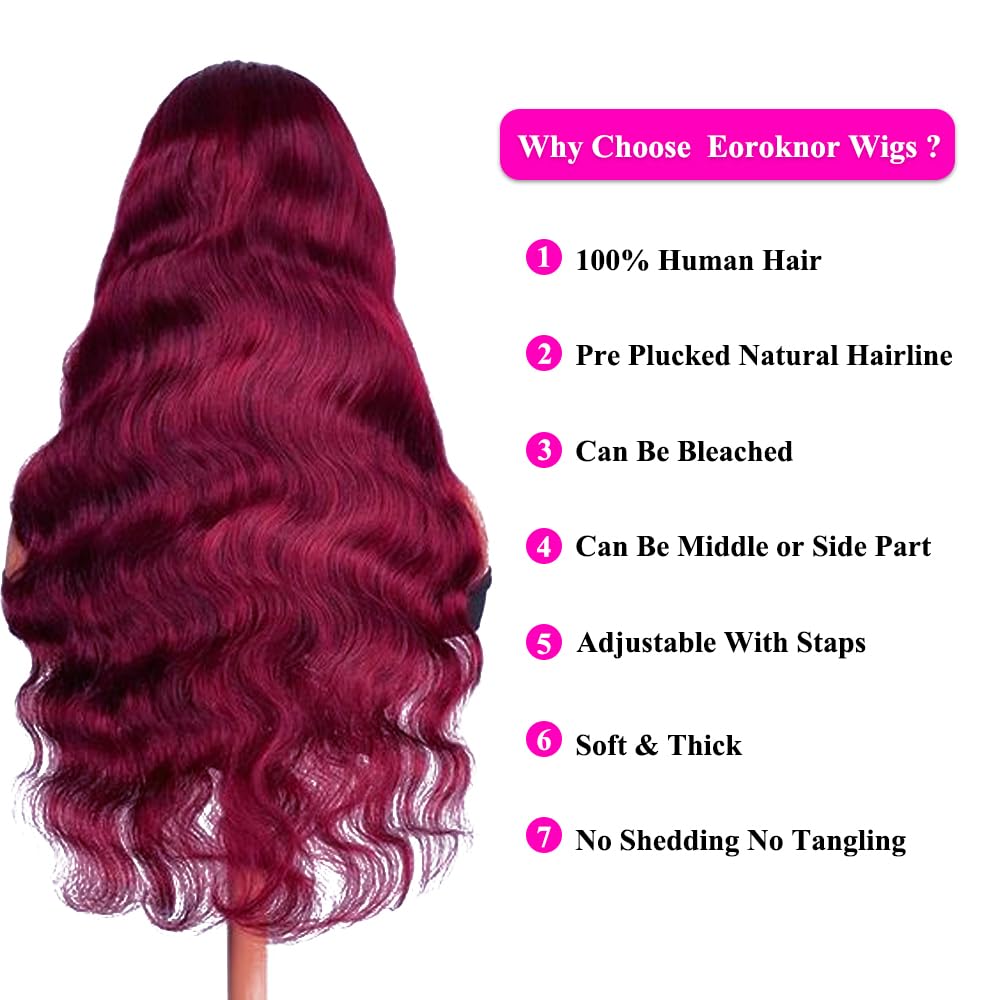 99J Burgundy Body Wave Lace Front Wigs Human Hair Pre Plucked 13X4 HD Transparent Lace 180 Density
