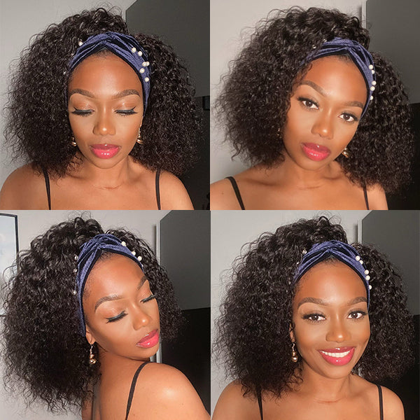 Natural Black Loose Deep Wave No Lace Glueless Free Part Headband Wig 100% Human Hair (Get Free Trendy Headbands)