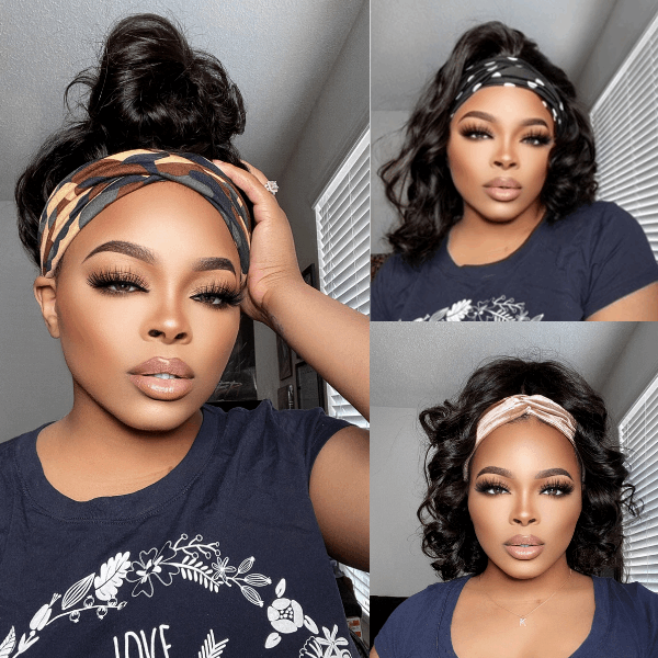 Natural Black Loose Deep Wave No Lace Glueless Free Part Headband Wig 100% Human Hair (Get Free Trendy Headbands)