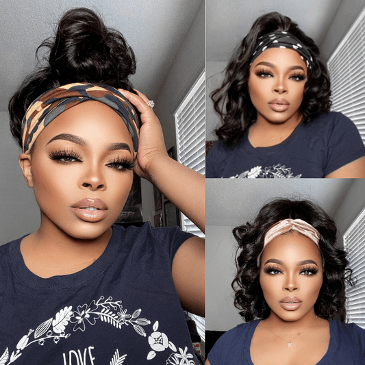 Natural Black Loose Deep Wave No Lace Glueless Free Part Headband Wig 100% Human Hair (Get Free Trendy Headbands)