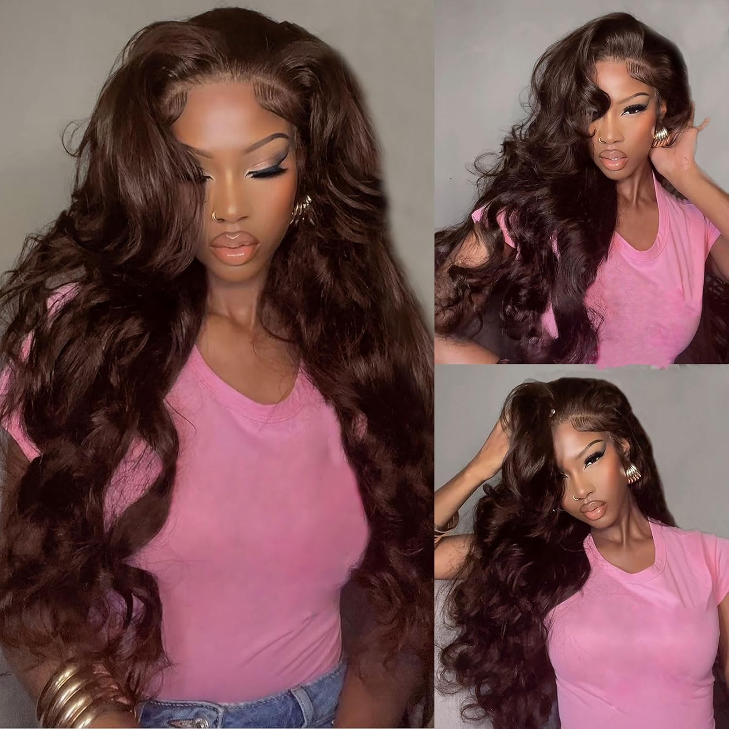 Gureimi 32 Inch Chocolate Brown Lace Front Wig 13x6 Lace Front Wigs Human Hair Body Wave Brown Wig Human Hair HD Lace Front Wigs 200 Density Pre Plucked Colored Lace