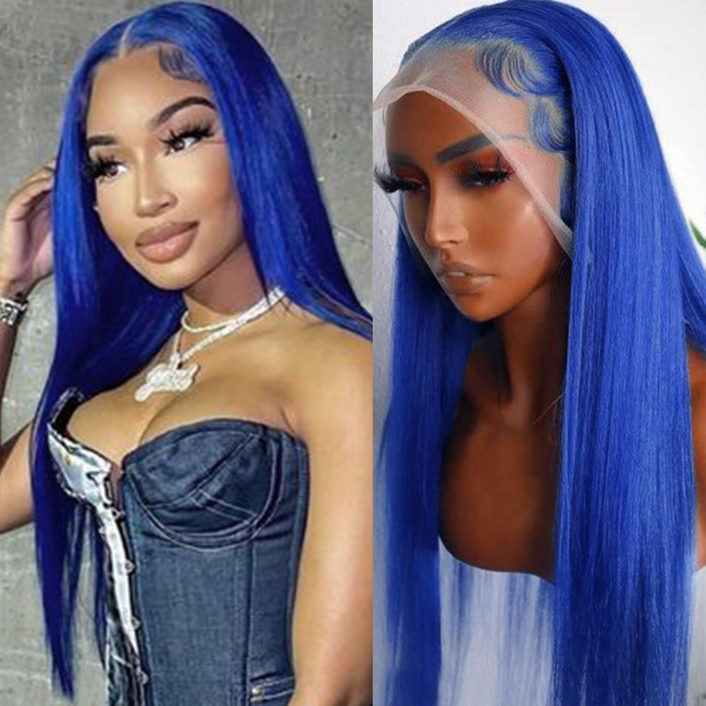 Long Straight Wear and Go Wig Glueless Dark Blue Wig Human Hair