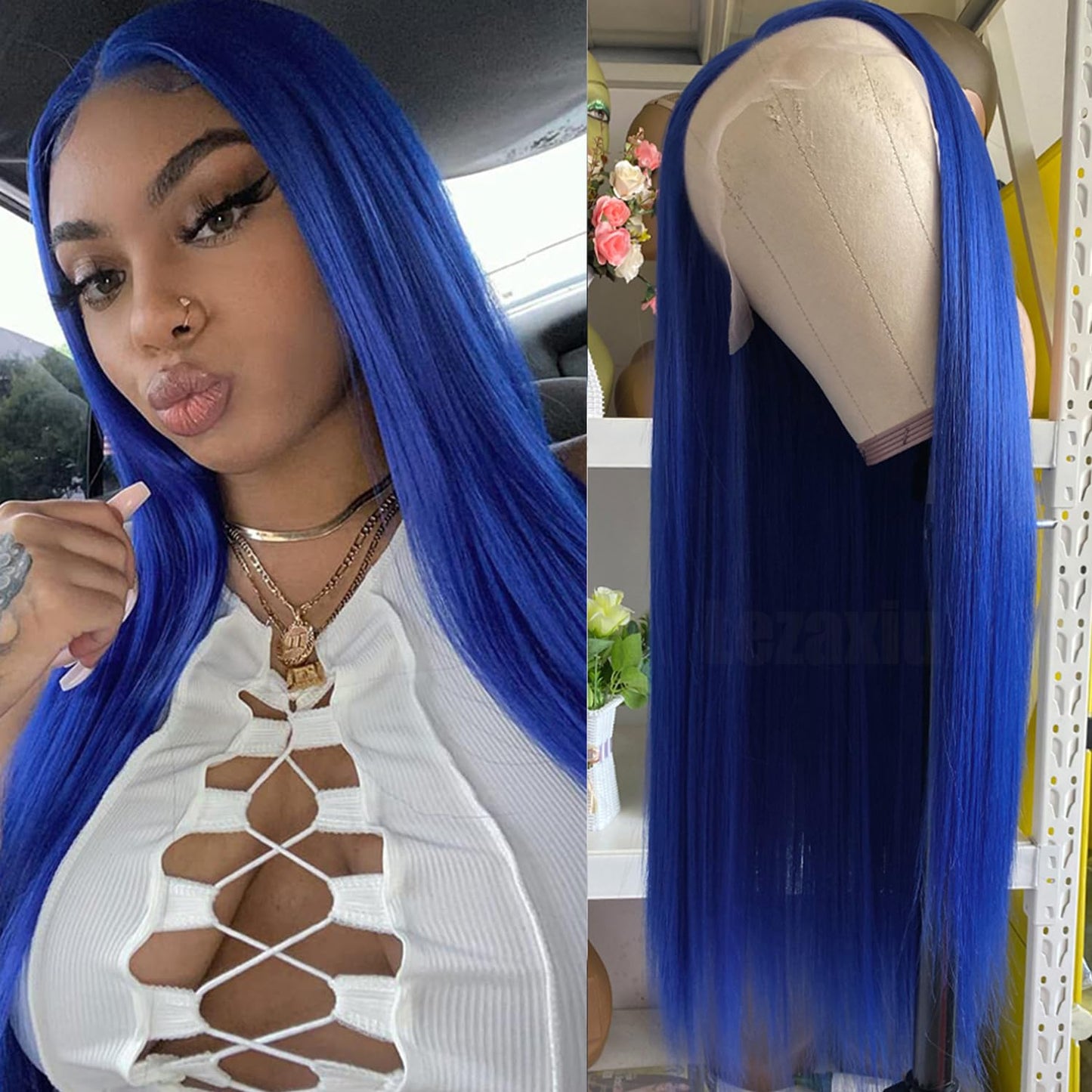 Long Straight Wear and Go Wig Glueless Dark Blue Wig Human Hair