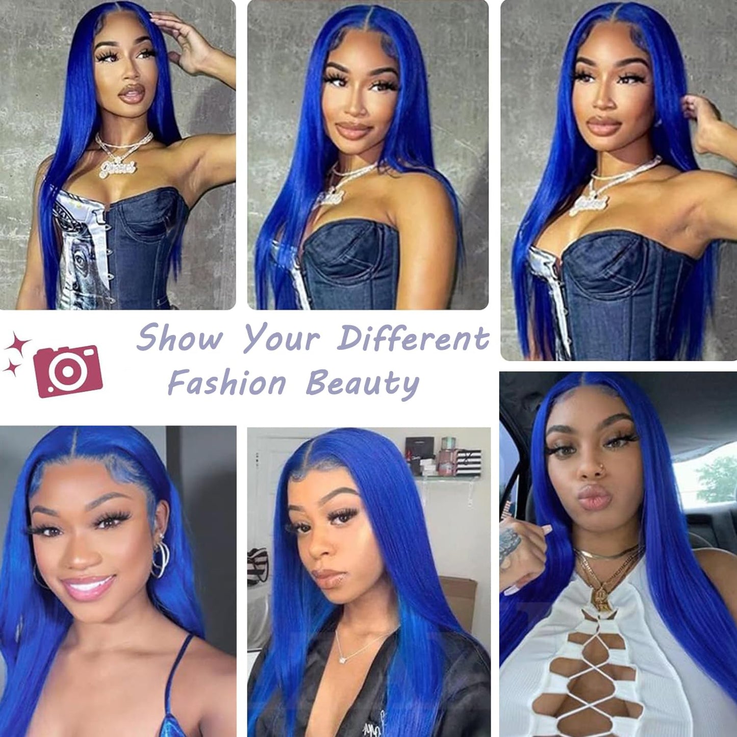 Long Straight Wear and Go Wig Glueless Dark Blue Wig Human Hair