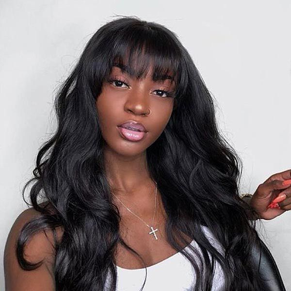 Natural Black Body Wave With Curtain Bangs 13x4 Frontal HD Lace Long Wig 100% Human Hair