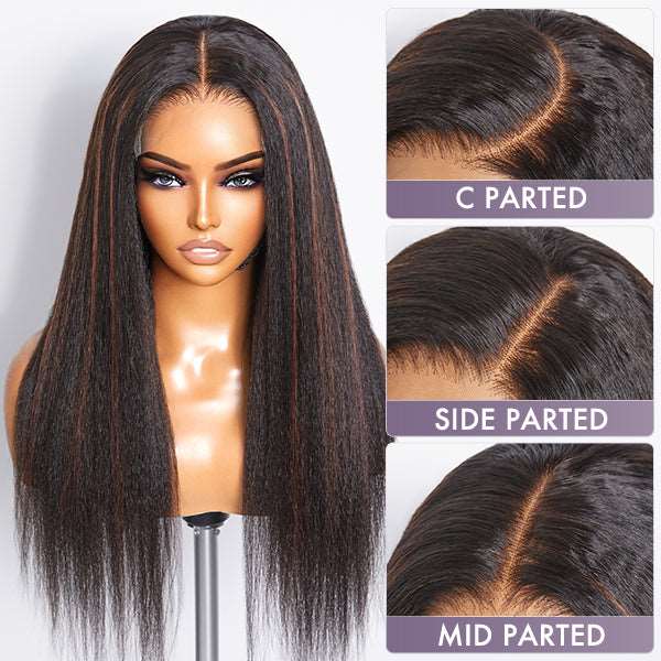 Highlight Kinky Straight Mid Part Glueless 5x5 Closure Undetectable Lace Wig