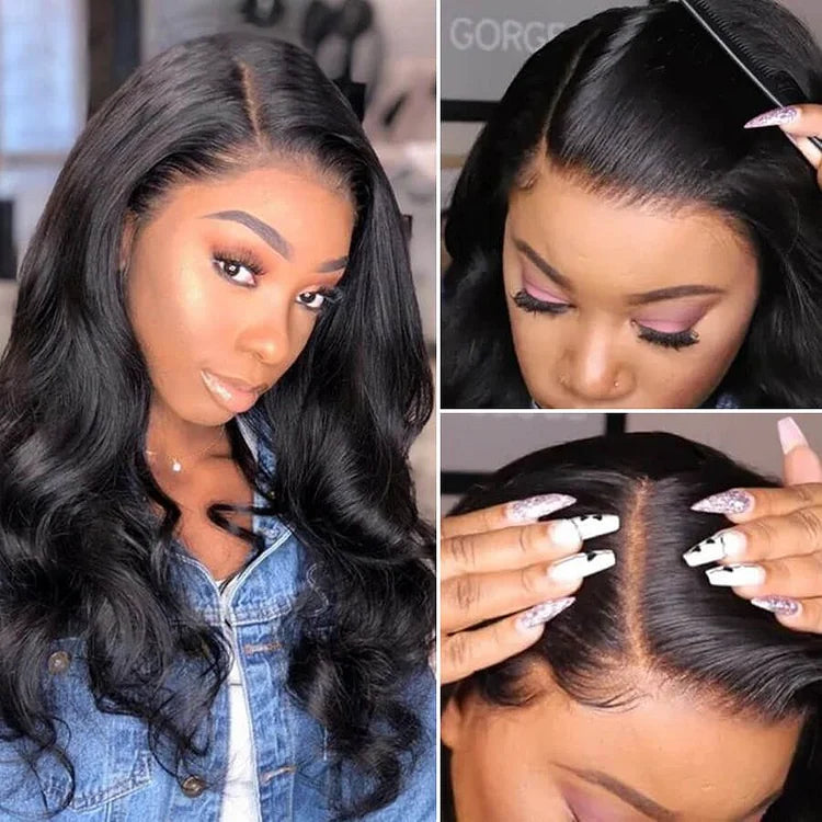 Natural Black Body Wave 4x4 Closure Lace Glueless Mid Part Long Wig 100% Human Hair