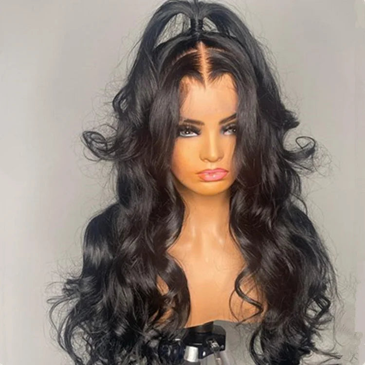 Natural Black Body Wave 4x4 Closure Lace Glueless Mid Part Long Wig 100% Human Hair