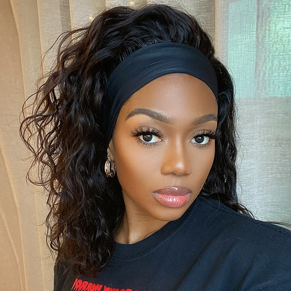 Natural Black Loose Deep Wave No Lace Glueless Free Part Headband Wig 100% Human Hair (Get Free Trendy Headbands)