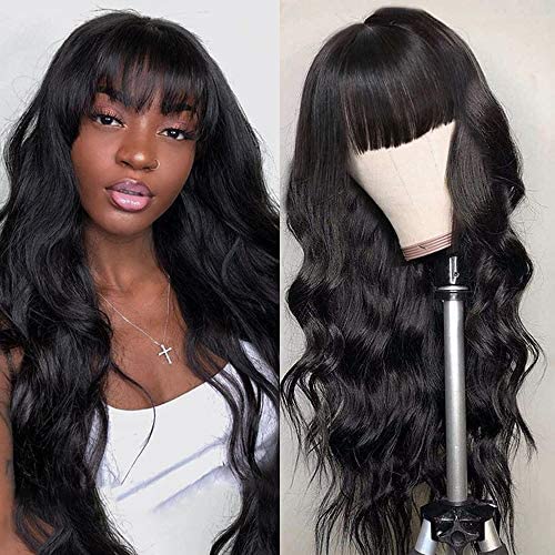 Natural Black Body Wave With Curtain Bangs 13x4 Frontal HD Lace Long Wig 100% Human Hair