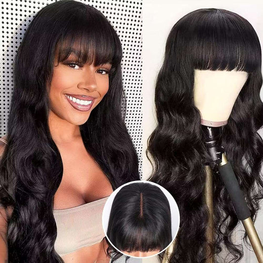 Natural Black Body Wave With Curtain Bangs 13x4 Frontal HD Lace Long Wig 100% Human Hair