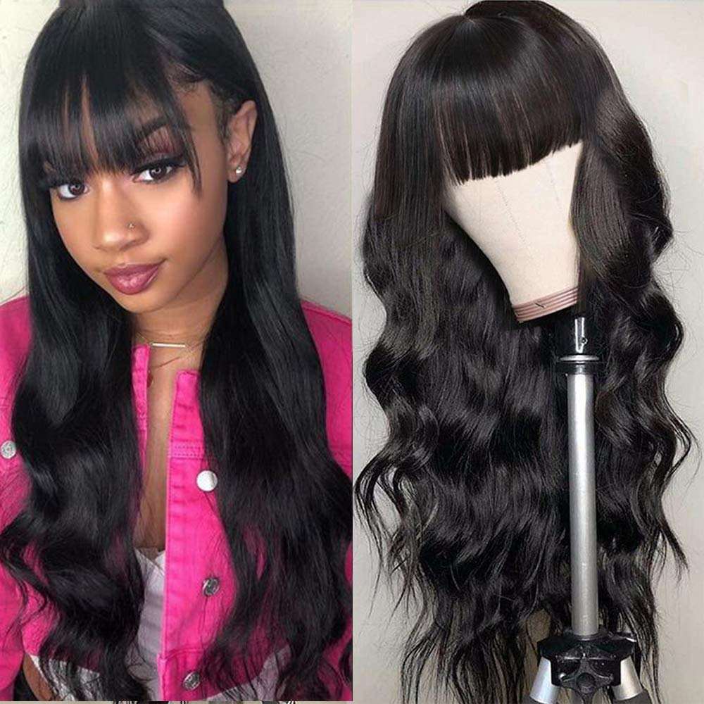 Natural Black Body Wave With Curtain Bangs 13x4 Frontal HD Lace Long Wig 100% Human Hair