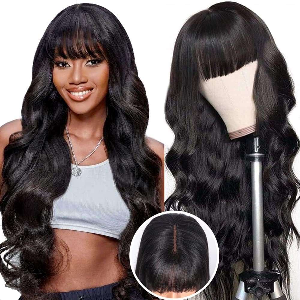 Natural Black Body Wave With Curtain Bangs 13x4 Frontal HD Lace Long Wig 100% Human Hair