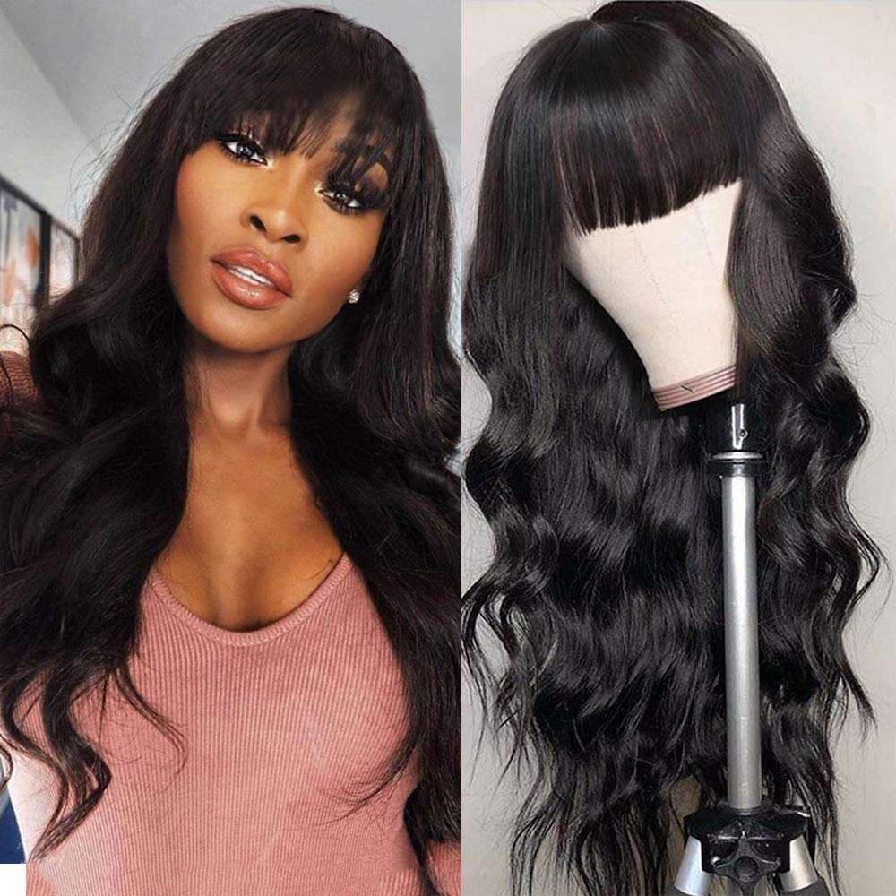 Natural Black Body Wave With Curtain Bangs 13x4 Frontal HD Lace Long Wig 100% Human Hair