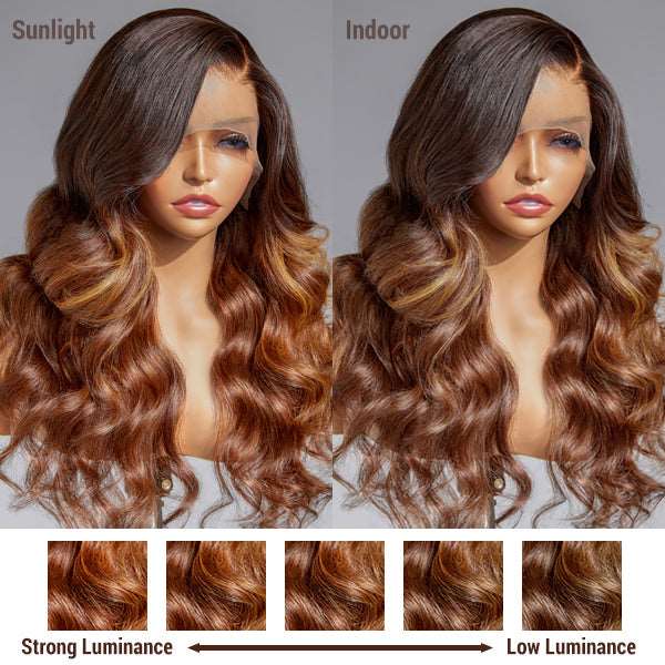 Limited Design | Honey Brown Highlight HD 13x4 Frontal Lace Side Part Long Wig 100% Human Hair