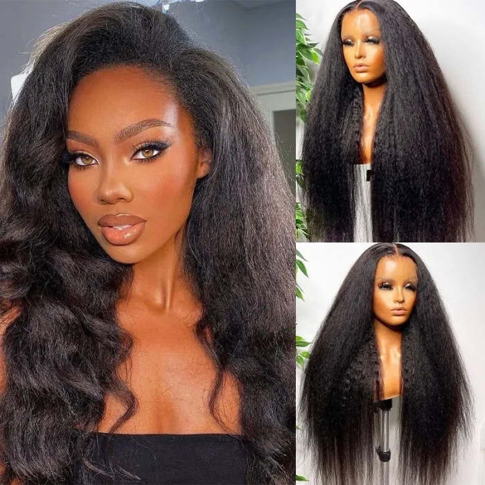 Natural Kinky Straight 13x4 Frontal HD Lace Long Wig 100% Human Hair
