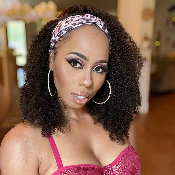 Natural Black Jerry Curly No Lace Glueless Free Part Long Headband Wig 100% Human Hair (Get Free Trendy Headbands)