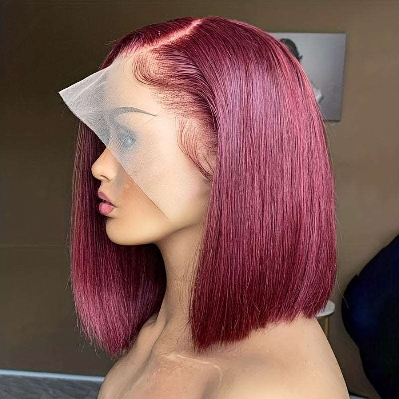 99J Burgundy Short Bob Straight Wigs 13*4 Lace Front Wigs For Women Brazilian Remy Human Hair Wigs Red Colored 180% Density