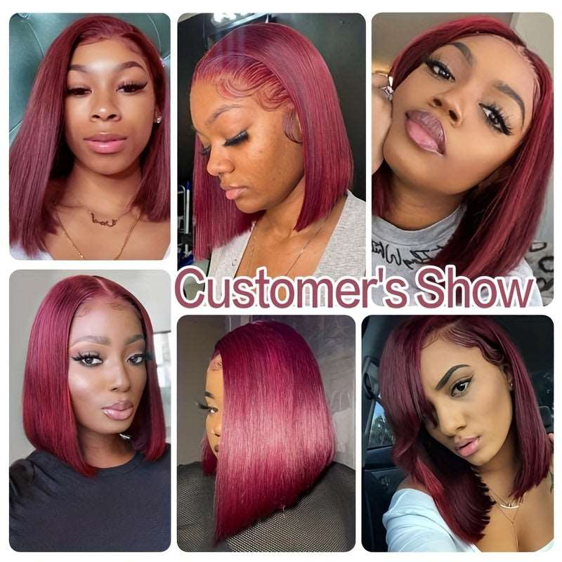 99J Burgundy Short Bob Straight Wigs 13*4 Lace Front Wigs For Women Brazilian Remy Human Hair Wigs Red Colored 180% Density