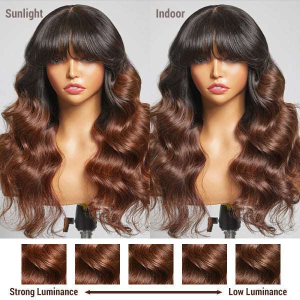 Limited Design | Brown Ombre Loose Body Wave With Bangs 4x4 Closure Lace Glueless Wig 100% Human Hair