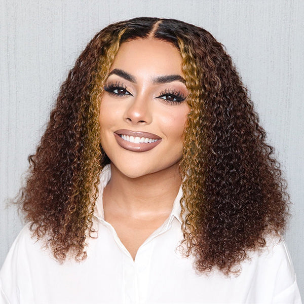 Mix Brown or Natural Black Kinky Curly 5x5 Closure  Lace Glueless Mid Part Neck Length Wig 100% Human Hair