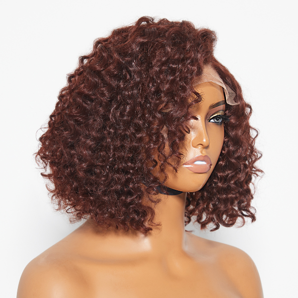 Reddish Brown Water Wave 4x4 Closure Lace Glueless C Part Short Wig 100% Human Hair | Summer Trendy