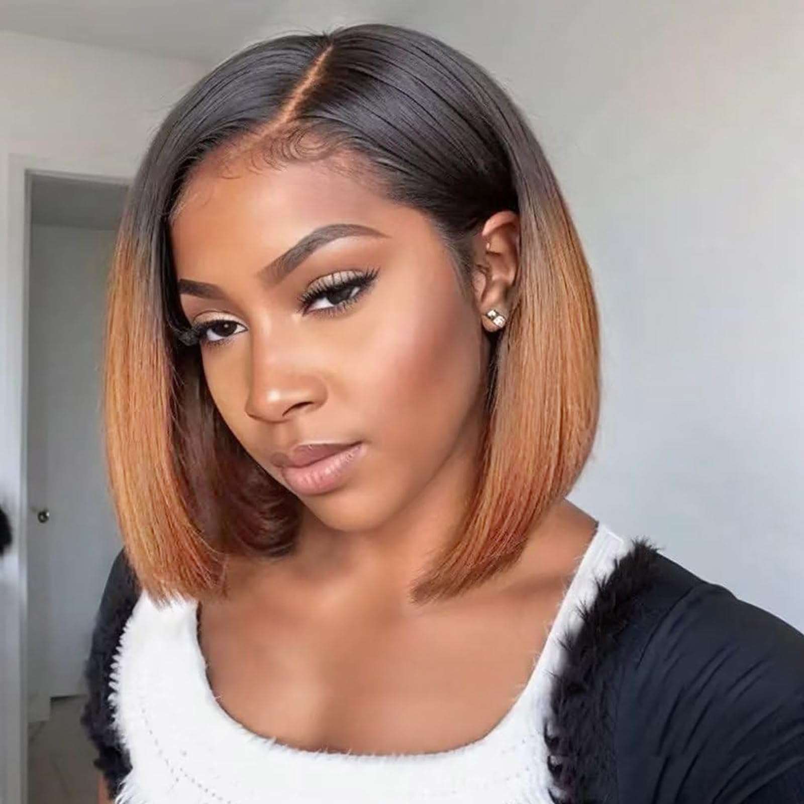 Ombre Brown 1B/30 Bob Wig Human Hair Glueless Short Straight 13x4 HD Lace Front Bob