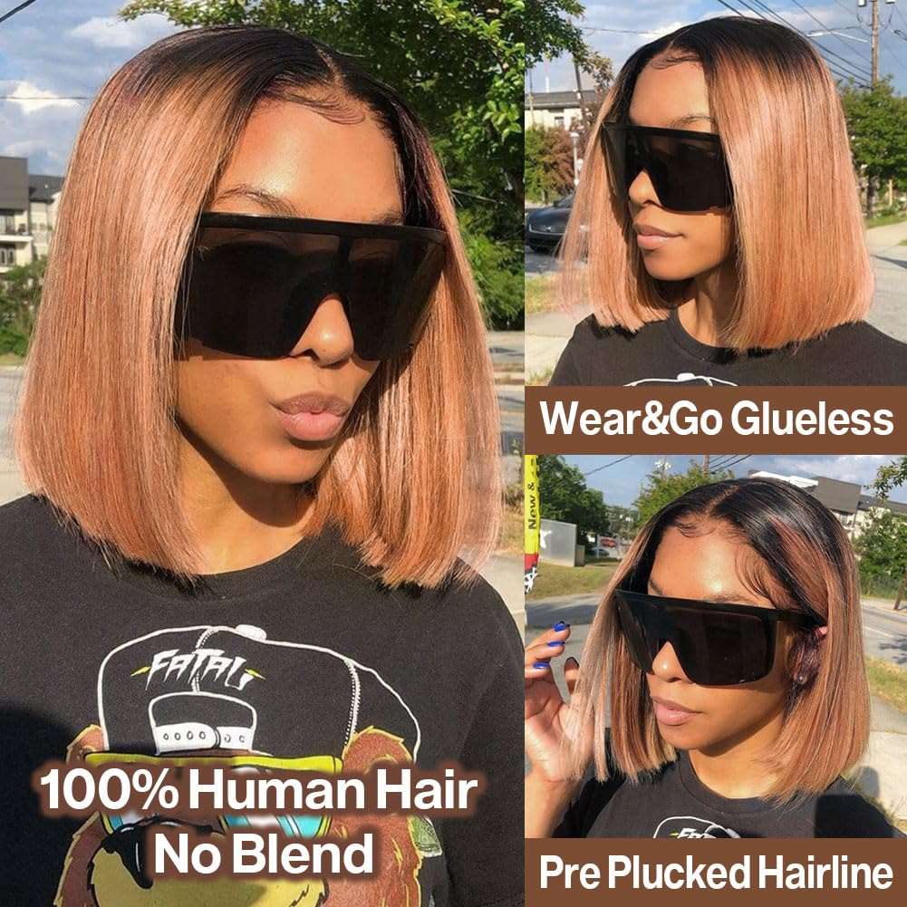 Ombre Brown 1B/30 Bob Wig Human Hair Glueless Short Straight 13x4 HD Lace Front Bob