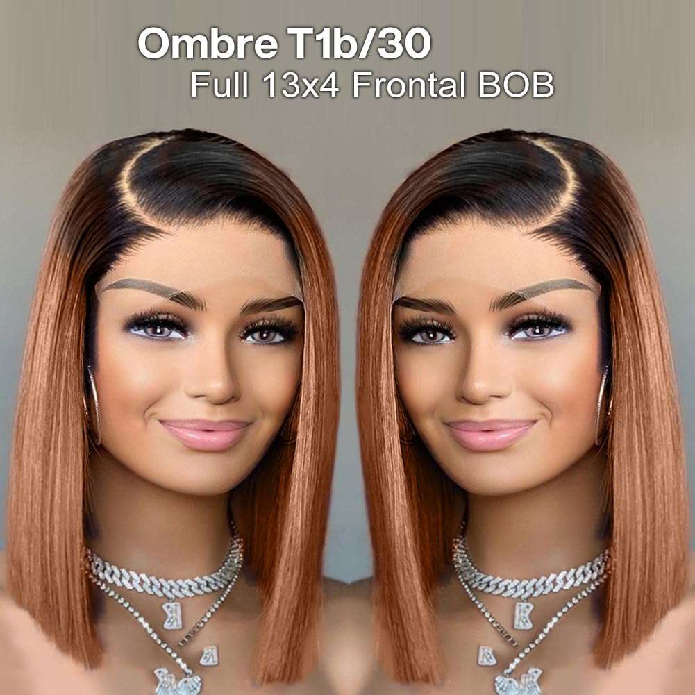 Ombre Brown 1B/30 Bob Wig Human Hair Glueless Short Straight 13x4 HD Lace Front Bob