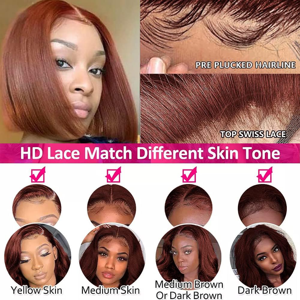 Reddish Brown Bob Wig Human Hair 13x4 HD Lace Front Wigs Human Hair Pre Plucked with Baby Hair