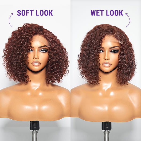 Reddish Brown Water Wave 4x4 Closure Lace Glueless C Part Short Wig 100% Human Hair | Summer Trendy