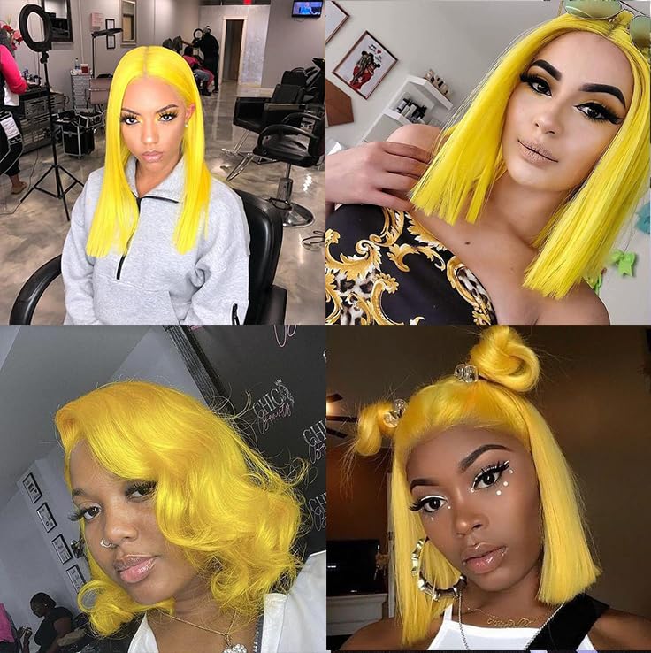 Yellow Bob wig Human Hair Wear and Go Glueless Bob Wig 13x4 Lace Front Silky Straight