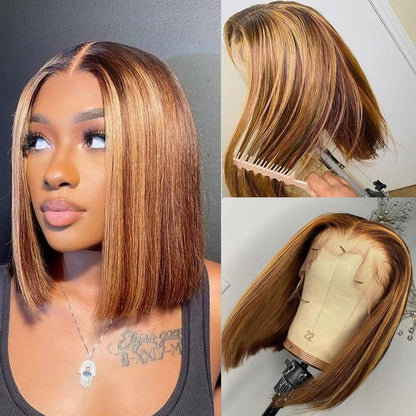 Put On And Go 4x4 Pre-Cut Lace Closure Wig Honey Blonde Highlight Color Glueless Bob Wig